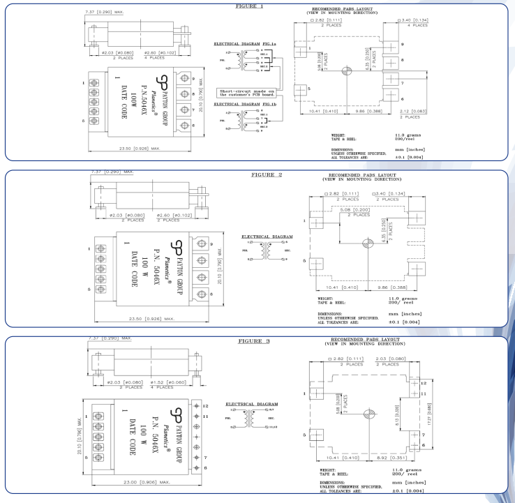 1000W Transformer Mechanical Specifications and Electrical diagrams